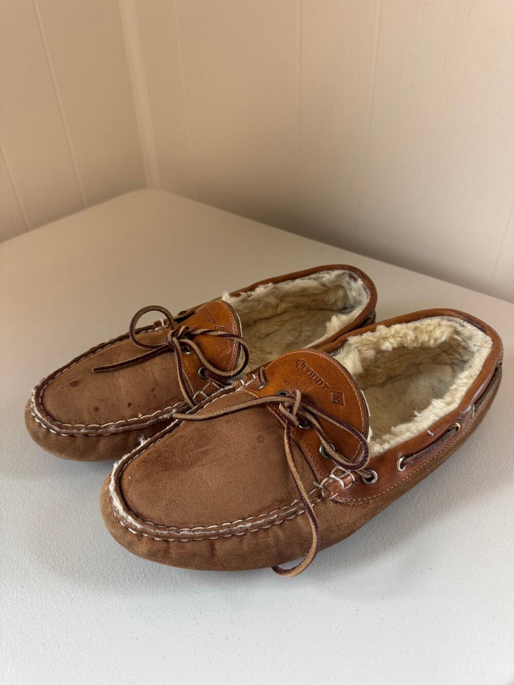 Quoddy Men's Fireside Camp Slipper Brown Suede Shearling Moccasins Size 10/10.5